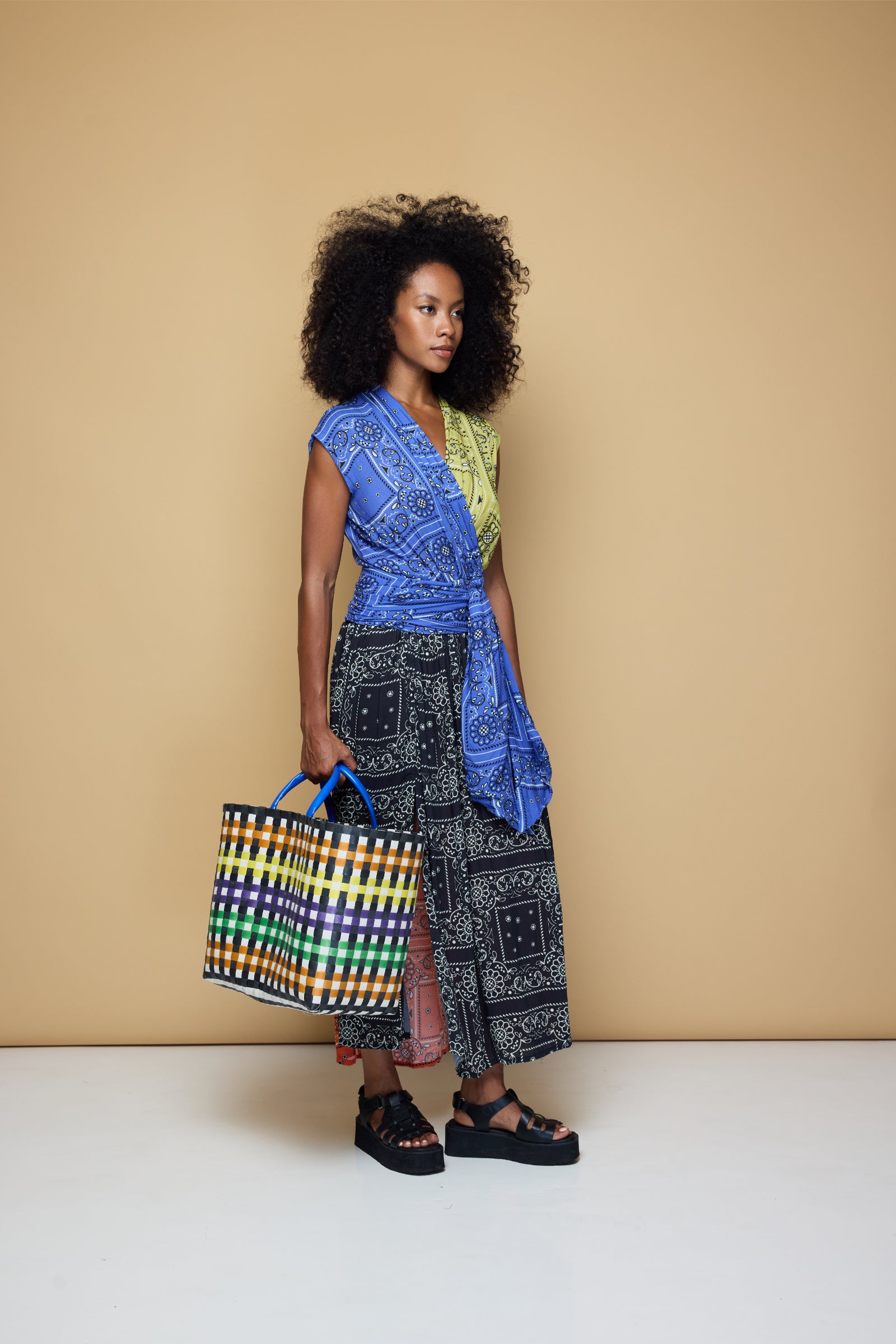 THE POINT DRESS MAXI - PATCHWORK BANDANA BLUE/LIME/BLACK/BLOOD ORANGE