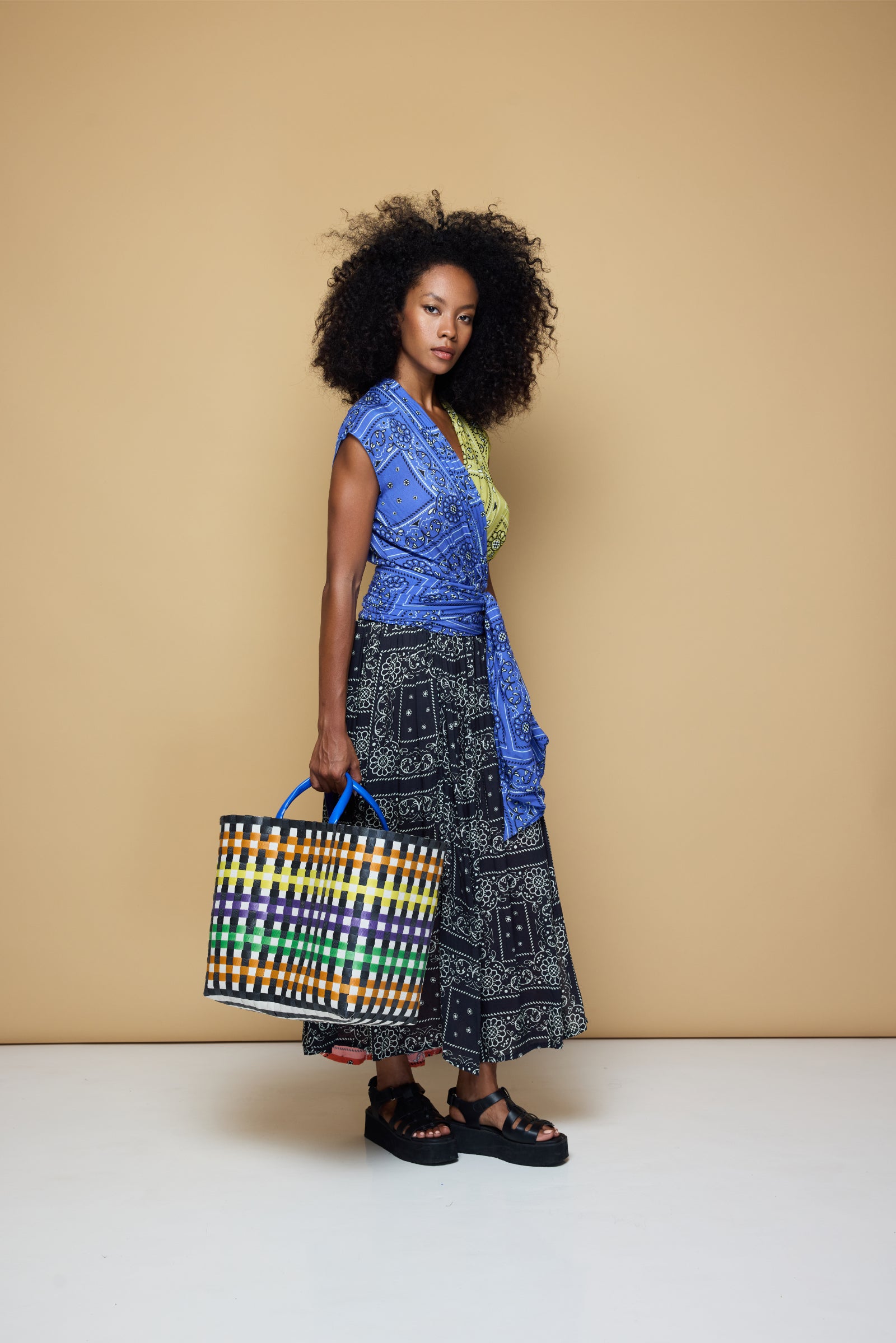 THE POINT DRESS MAXI - PATCHWORK BANDANA BLUE/LIME/BLACK/BLOOD ORANGE