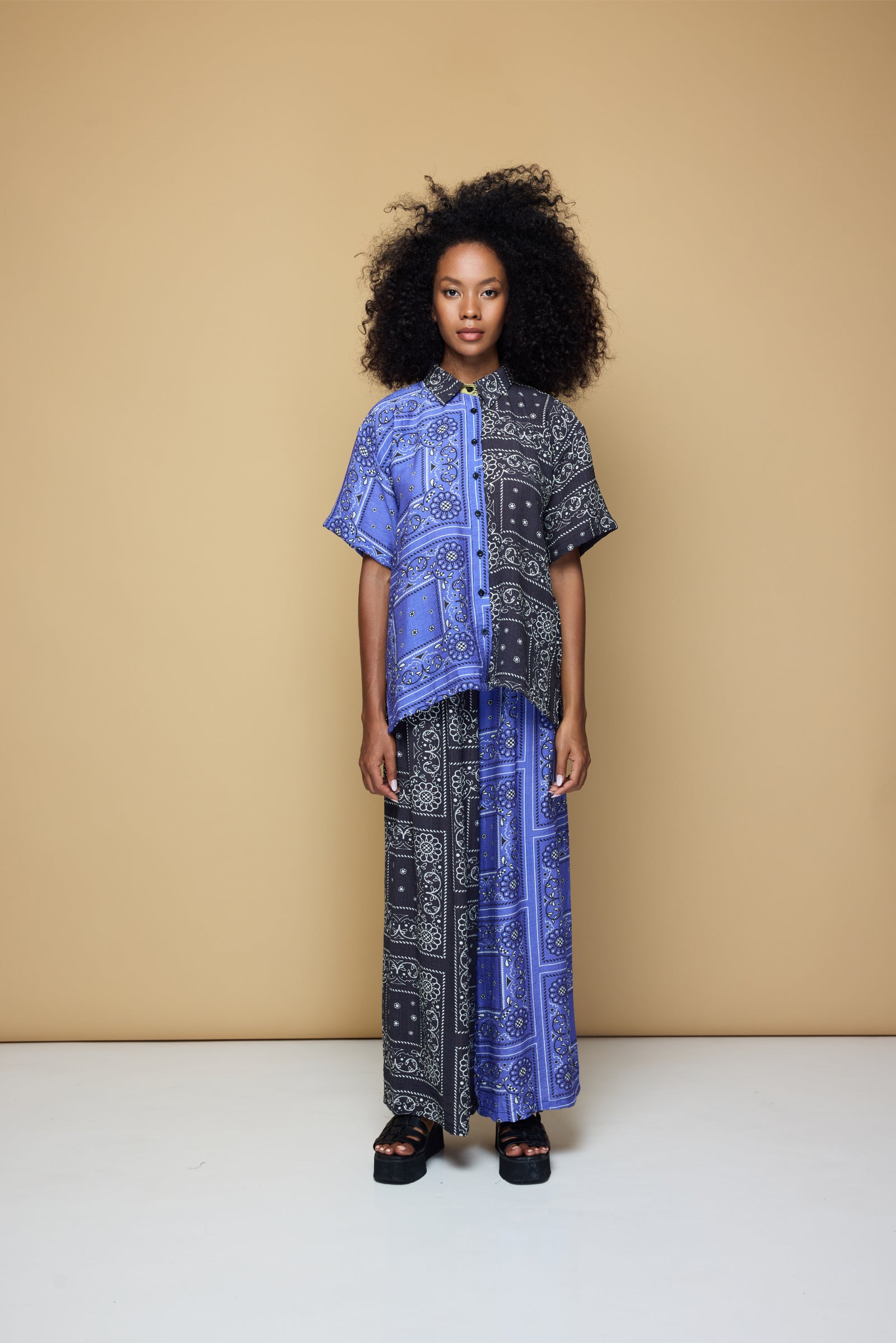 PATCHWORK SALLY SHIRT - PATCHWORK BANDANA STATE PRINT BLUE/BLACK/LIME