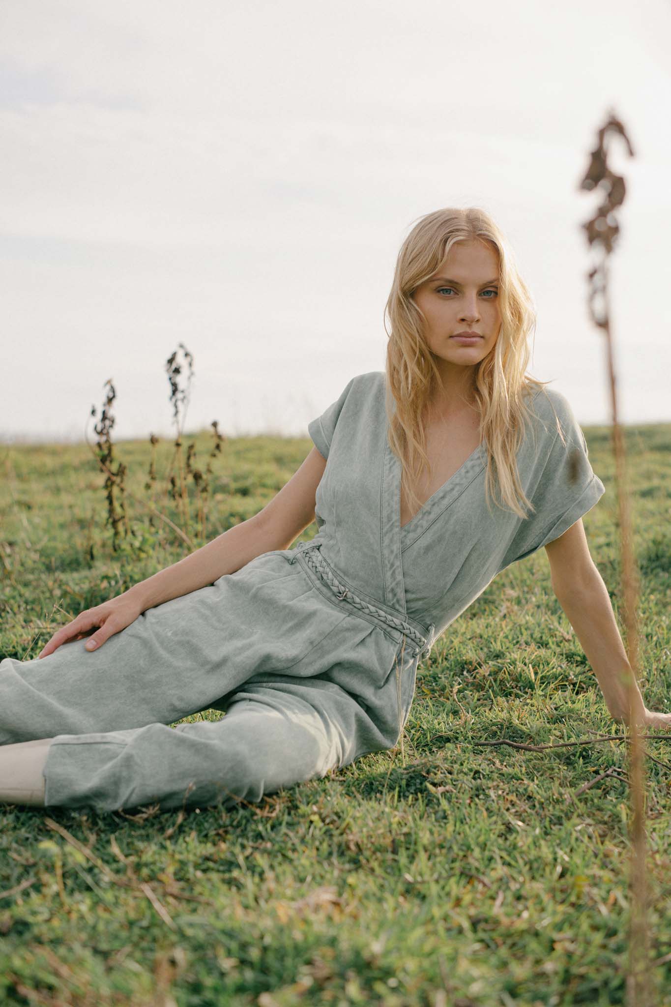 JANE SAYS STONE WASHED JUMPSUIT - SAGE GREEN