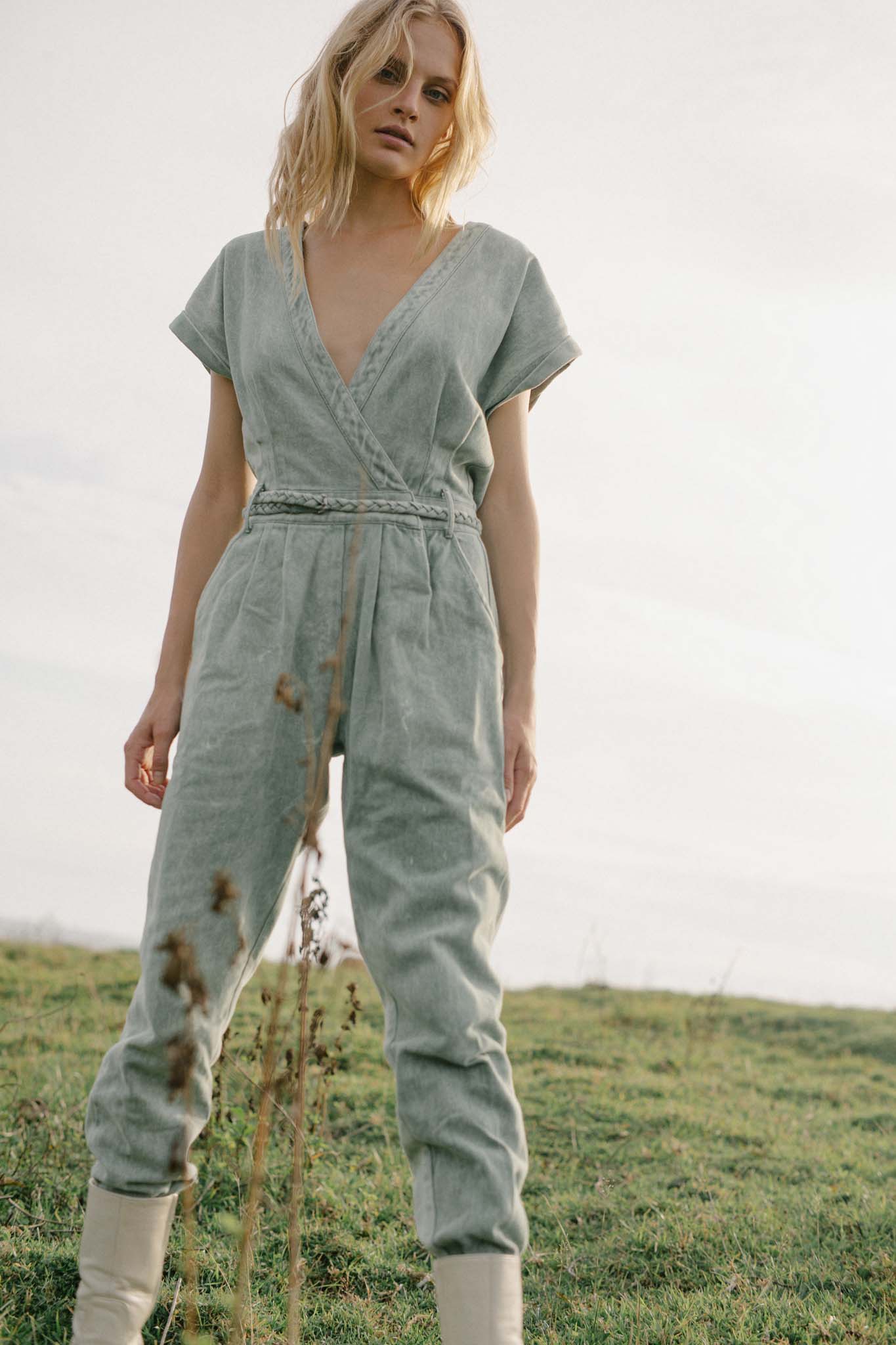 JANE SAYS STONE WASHED JUMPSUIT - SAGE GREEN