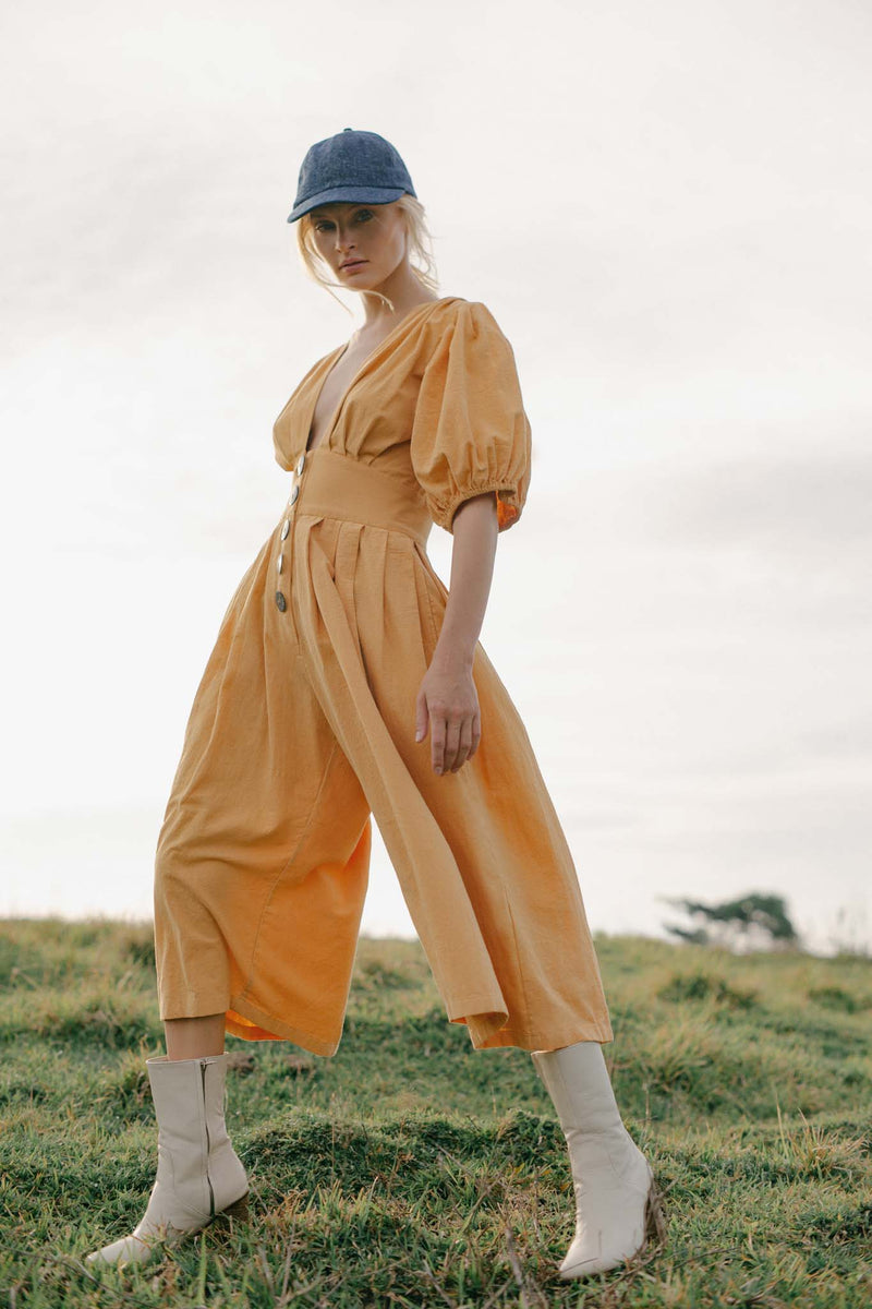 THE JAIME JUMPSUIT CULLOTES - TAN/CHARCOAL BUTTON