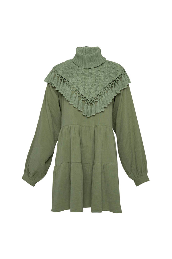 THE DYLAN MINI 3-TIERED DRESS WITH KNITTED WARMER - Sage Green